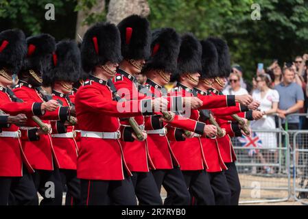 The Mall, Westminster, London, UK. 17th Jun, 2023. The Royal Family and massed bands and troops have travelled down The Mall to Horse Guards Parade for the Trooping of the Colour ceremony. It is the first under the reign of King Charles III. Coldstream Guards marching Stock Photo
