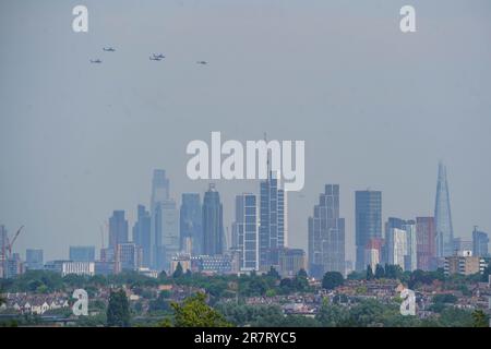 London UK. 17 June 2023 .London skyline and financial district seen  in a heat haze on a hot and humid day in the capital during the mini heatwave with warnings of heavy rain and thunderstorms later. Credit: amer ghazzal/Alamy Live News Stock Photo