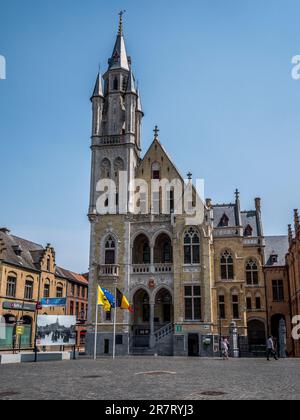 Street scene looking towards the town hall located in the town square of  the Belgium town of Poperinge known during the First World War as Pop. Stock Photo