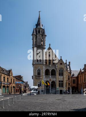 Street scene looking towards the town hall located in the town square of  the Belgium town of Poperinge known during the First World War as Pop. Stock Photo