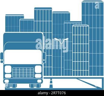 silhouette of truck on background of modern city Stock Vector