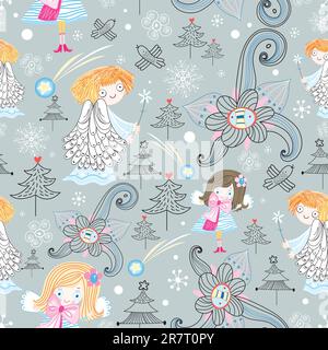 seamless graphic design of the angels and snowflakes on a gray background Stock Vector