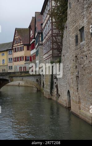 Half-timbered houses, old town in Schwaebisch Hall with half-timbered houses at Grasboedele, Kochertal, Schwaebisch Hall, Heilbronn-Franken Stock Photo