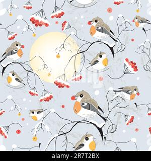 seamless pattern of winter birds in the trees on a gray background Stock Vector