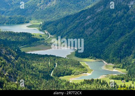 View over the three-lake area with Loedensee, Mittersee and Weitsee in the Chiemgau Alps nature reserve near Ruhpolding, Bavaria, Germany Stock Photo