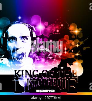 King of the discotheque flyer tor alternative music event postet. basckground is full of glitter and flow of lights with rainbow tone Stock Vector