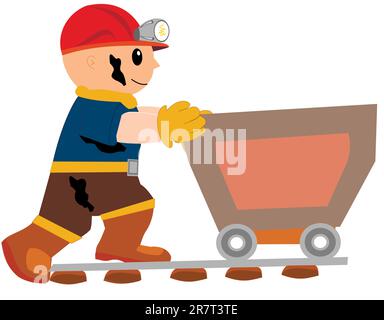 Miner pushes the trolley on the rails Stock Vector