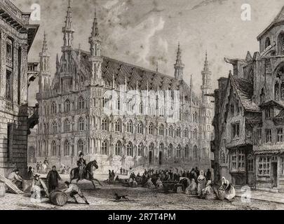 Town-Hall, with Part of the Cathedral, Louvain, Belgium, circa 1841 Stock Photo