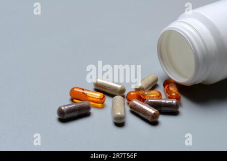 Capsules with food supplements, malnutrition, food photography Stock Photo