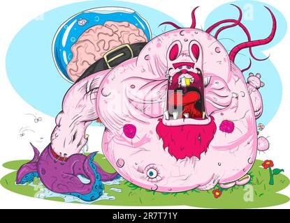 Zombie pink rabbit walking on a meadow. Vector illustration. Stock Vector