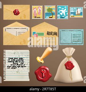 Vintage postcards with post stamps and other elements. Stock Vector