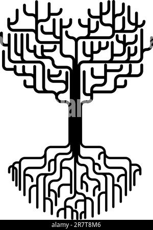 Conceptual abstract tree silhouette illustration. Tree with branches in the shape of a heart with strong roots. Love needing strong foundations or ... Stock Vector