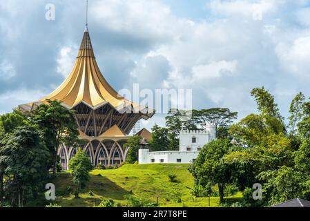 New Sarawak State Legislative Assembly Building and the Fort Margherita in the city of Kuching in Sarawak state of Malaysia on Borneo Stock Photo