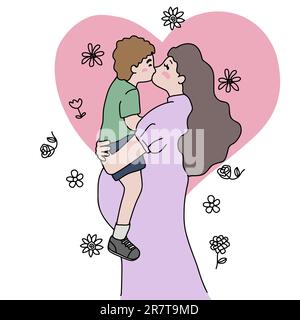 Mother kissing son line art cartoon vector illustration minimal style Stock Vector