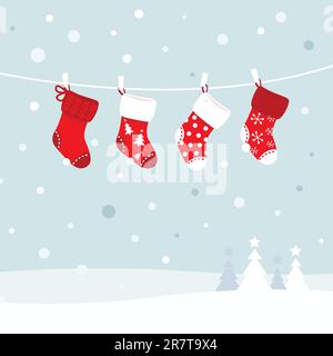 Cute christmas stockings, winter snow in background. Vector Illustration Stock Vector