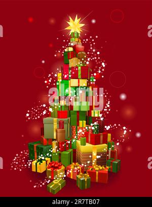 Stack of gifts in the shape of a Christmas tree with lights and red background Stock Vector