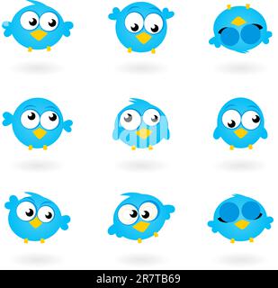 Blue funny Twitter Birds collection. Vector icons Stock Vector