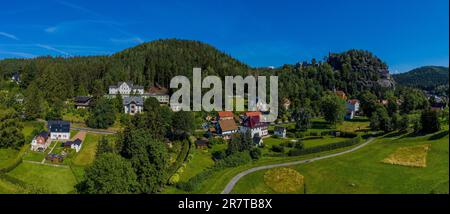 Panoramic view of Mount Oybin and the ruins of the monastery church and the castle, Germany. Drone photography Stock Photo