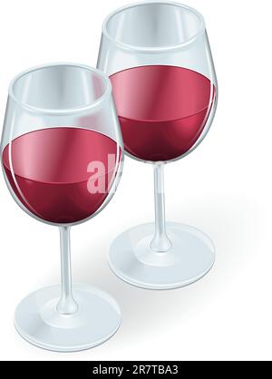 Two wine glasses filled with red wine symbolizing love and romance on a ...