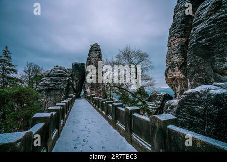 Bastei bridge in winter, Saxon Switzerland Stock Photo