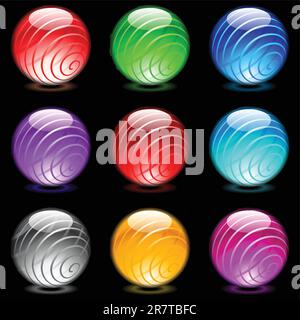 Collection of colorful glossy spheres isolated on black. Set #12. Stock Vector