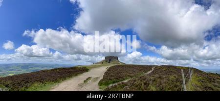 Summit panorama with Jubilee Tower, stone tower for King George III, summit Moel Famau, Wales, Great Britain Stock Photo
