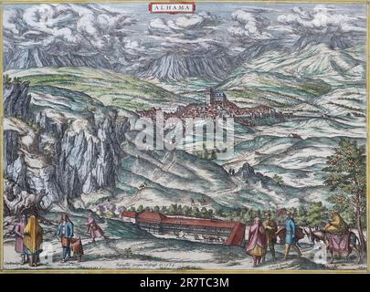 Alhambra or Alhama, Spain, hand-coloured copperplate engraving after Georg Hoefnagel, from Civitates Orbis Terrarum by Georg Braun and Frans Stock Photo