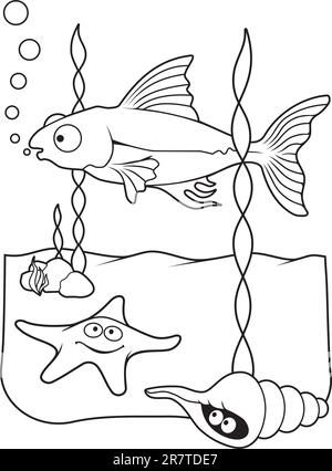 Underwater scene with fish starfish and shell cartoons, line art for coloring book page. Stock Vector