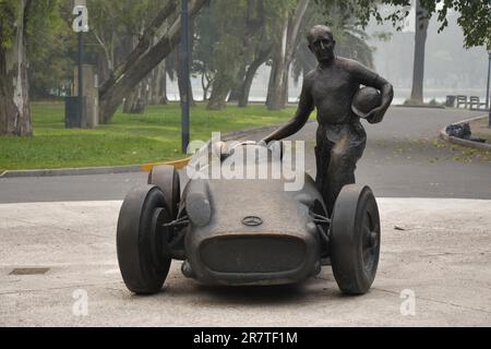 Monument to Juan Manuel Fangio, Argentinian Formula 1 racing driver with his Silver Arrow Mercedes-Benz W 196 R, artwork by Joaquim Ros Sabate Stock Photo