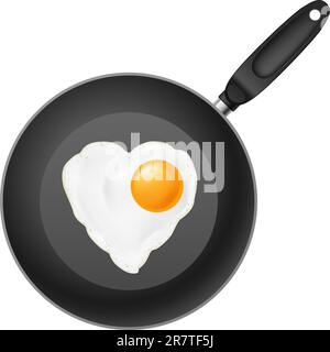 Frying pan with heart-shaped fried egg. Illustration on white background Stock Vector