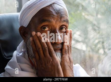 GUWAHATI, INDIA, JUNE 7: Haj pilgrims inside a bus as they leaving to airport for Mecca, on June 7, 2023 in Guwahati, India. The Hajj pilgrimage is Stock Photo