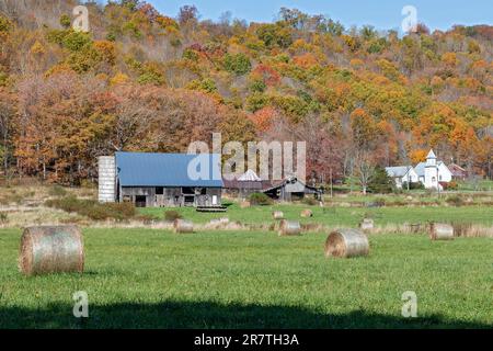 Beard, West Virginia, A West Virginia farm and church in the autumn Stock Photo