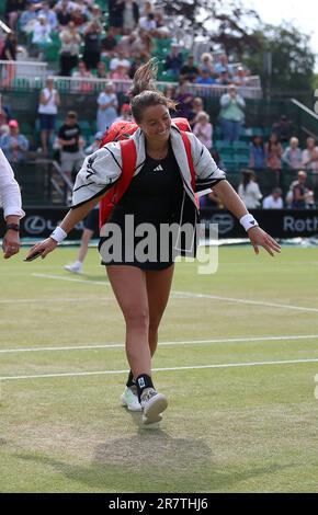 Great Britain's Jodie Burrage celebrates winning her match against France's Alize Cornet during day six of the Rothesay Open 2023 at the Nottingham Tennis Centre. Picture date: Saturday June 17, 2023. Stock Photo