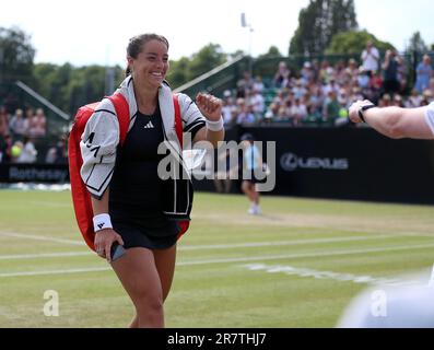 Great Britain's Jodie Burrage celebrates winning her match against France's Alize Cornet during day six of the Rothesay Open 2023 at the Nottingham Tennis Centre. Picture date: Saturday June 17, 2023. Stock Photo