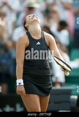 Great Britain's Jodie Burrage celebrates winning her match against France's Alize Cornet during day six of the Rothesay Open 2023 at the Nottingham Tennis Centre. Picture date: Saturday June 17, 2023. Stock Photo