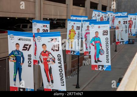 Detroit, Michigan USA, 29 May 2023, Banners showing Indycar drivers are displayed as downtown Detroit is transformed into a race track for the Stock Photo