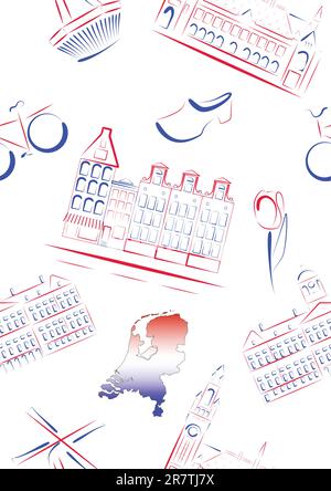 Set of vector drawn stylized sights and symbols of Netherlands. Seamless. Stock Vector