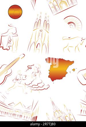 Set of vector drawn stylized sights and symbols of Spain. Seamless. Stock Vector