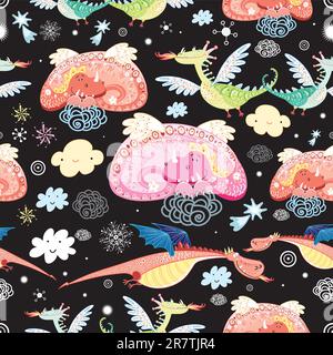 bright seamless pattern of dragons on a black background with clouds and snowflakes Stock Vector