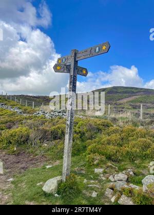 Hiking signpost to Jubilee Tower, Moel Famau, Wales, Great Britain Stock Photo