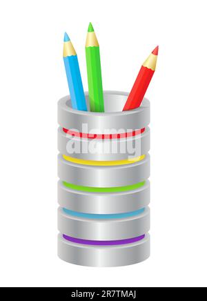 Three colored pencils in modern steel pen-cup Stock Vector