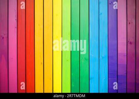 Rainbow wooden panel multi colors  for pride month LGBT advertising background. Stock Photo