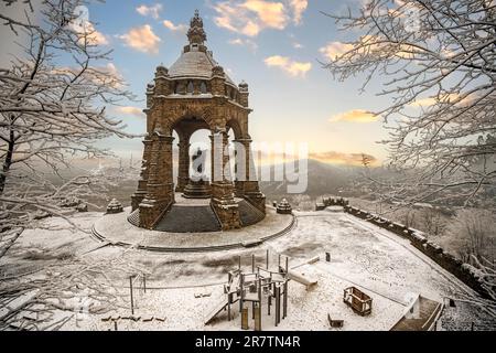 Kaiser Wilhelm Monument in Winter Snow Morning Atmosphere Porta Westfalica Germany Stock Photo