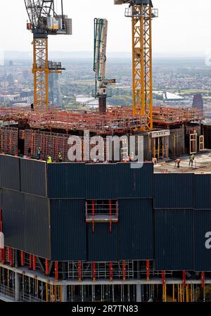 Major construction site in the banking district with the project name Four Frankfurt, Deutsche Bank Triangle, Frankfurt am Main, Hesse, Germany Stock Photo