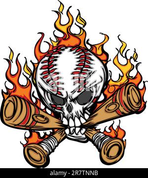 Cartoon Image of Flaming Baseball Bats and Skull with Baseball Laces Stock Vector