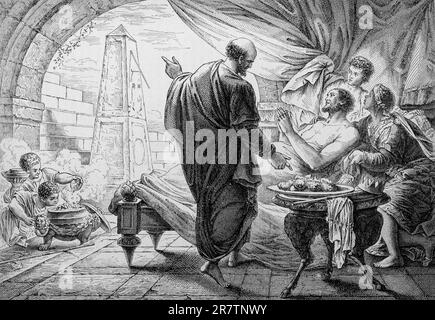 Isaiah promises recovery to King Hezekiah, Second Book of Kings, Chapter 20, Verses 1-11, Old Testament, Bible, Judah, Prophet Isaiah, Ahs, sickbed Stock Photo