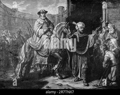 Mordecai's Triumph, Book of Esther, Chapter 6, Verses 1-14, Old Testament, Bible, horseman, outdoors, entourage, splendid clothes, Schmusk, many Stock Photo