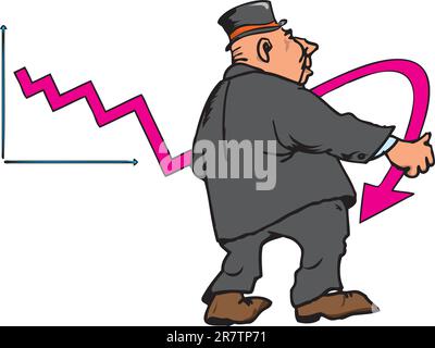 Figure businessman bending the arrow on the diagram in the direction of recession. Stock Vector
