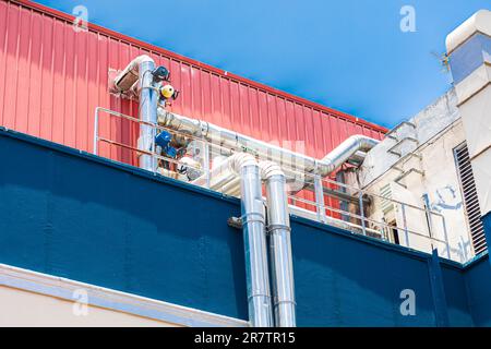 Comercial Building Air Ventilate Pipe, Smoke Air Conditioner Pipes Line System Outdoor. Stock Photo