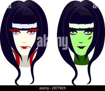 Vector characters for Halloween, funny vampire and green zombie girl Stock Vector